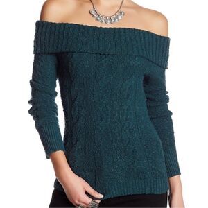Free People- Cable Foldover Off The Shoulder Sweater in Teal Blue, Size Large